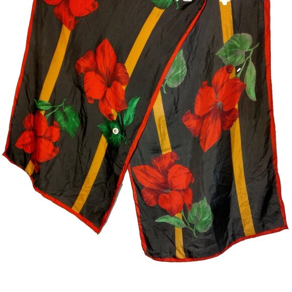 Golden Camel Silk Scarf Hand Rolled Black Red Floral Rectangle Fashion 16x58" - Picture 2 of 11